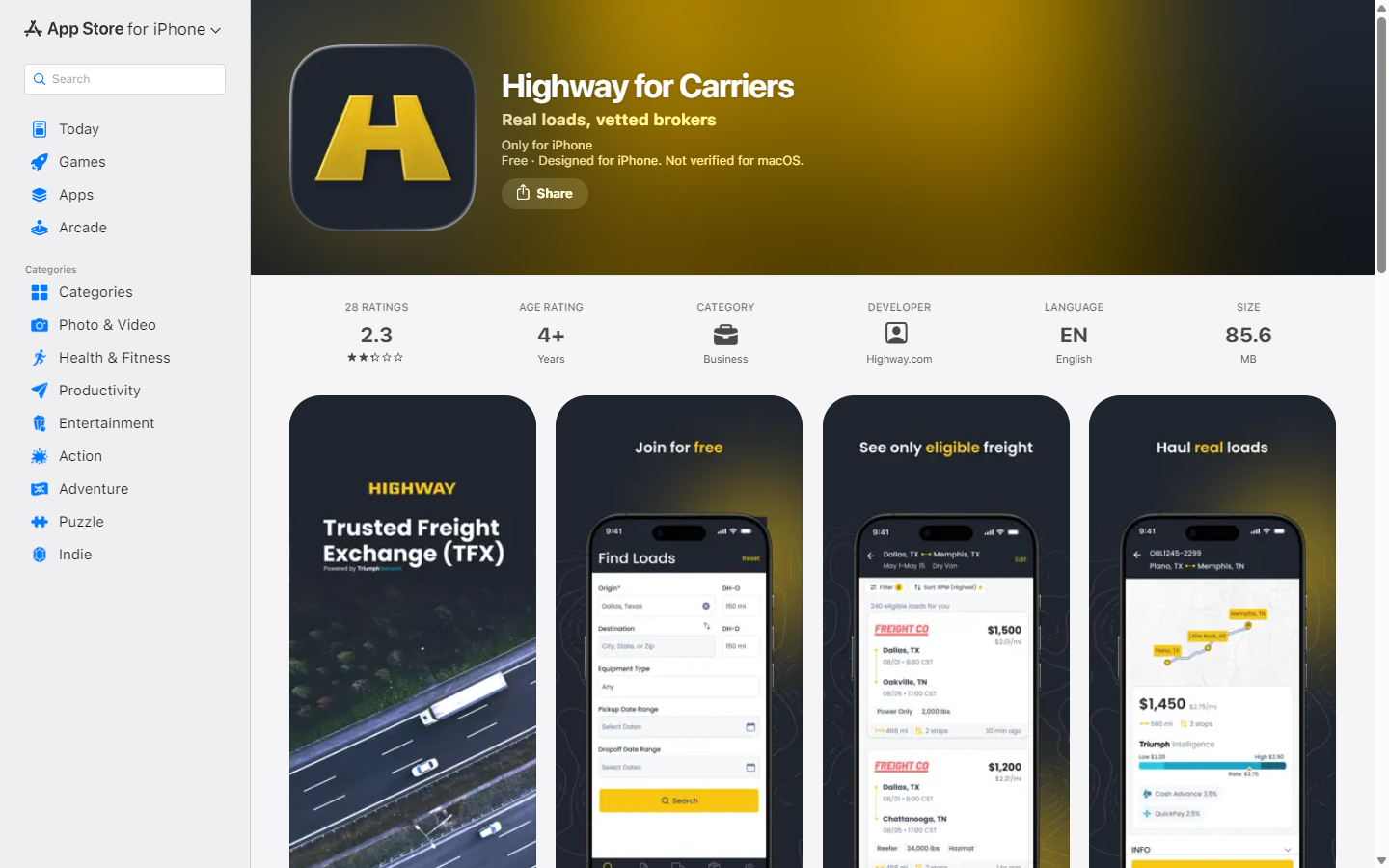 Highway for Carriers rated 2.3 stars on the Apple App Store