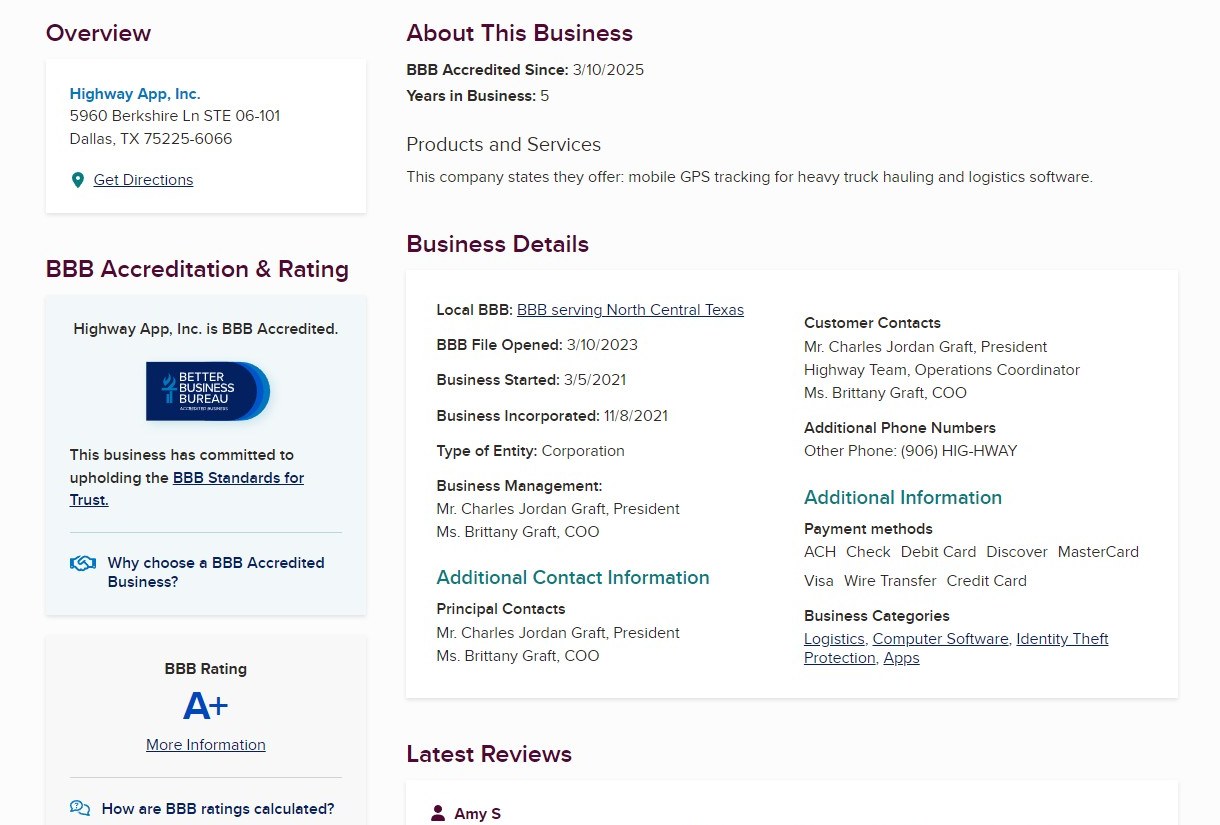 Highway App, Inc. Better Business Bureau profile showing management and customer reviews