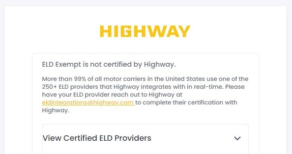 Highway screen stating ELD Exempt is not certified by Highway