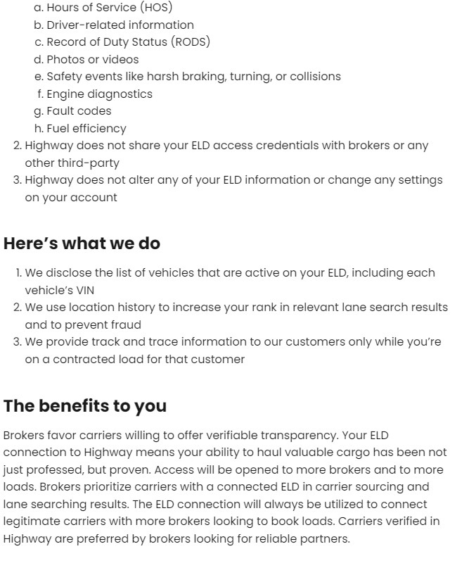 Highway policy page listing what it does not collect, then stating it uses location history to increase your rank