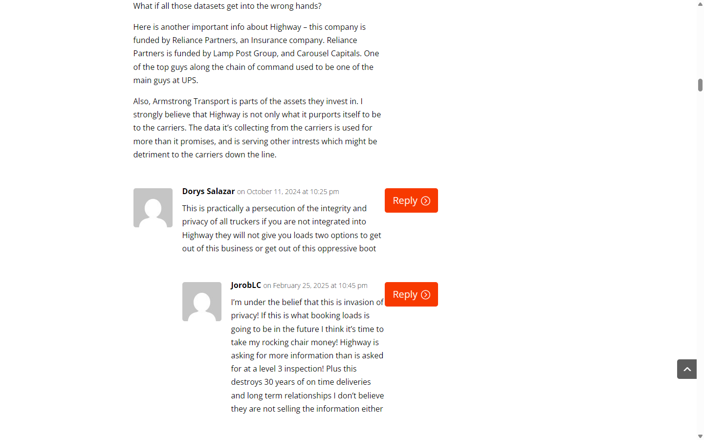 Carrier comments on TruckingOffice reporting canceled loads because of Highway